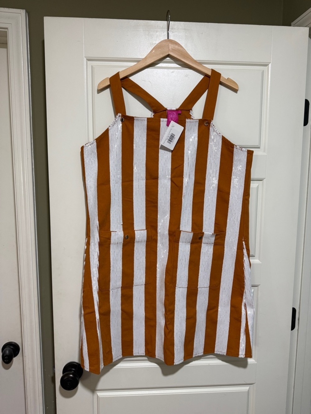 QUEEN OF SPARKLES Rust Orange and White Striped Pinafore Dress Xs Texas - Picture 2 of 9